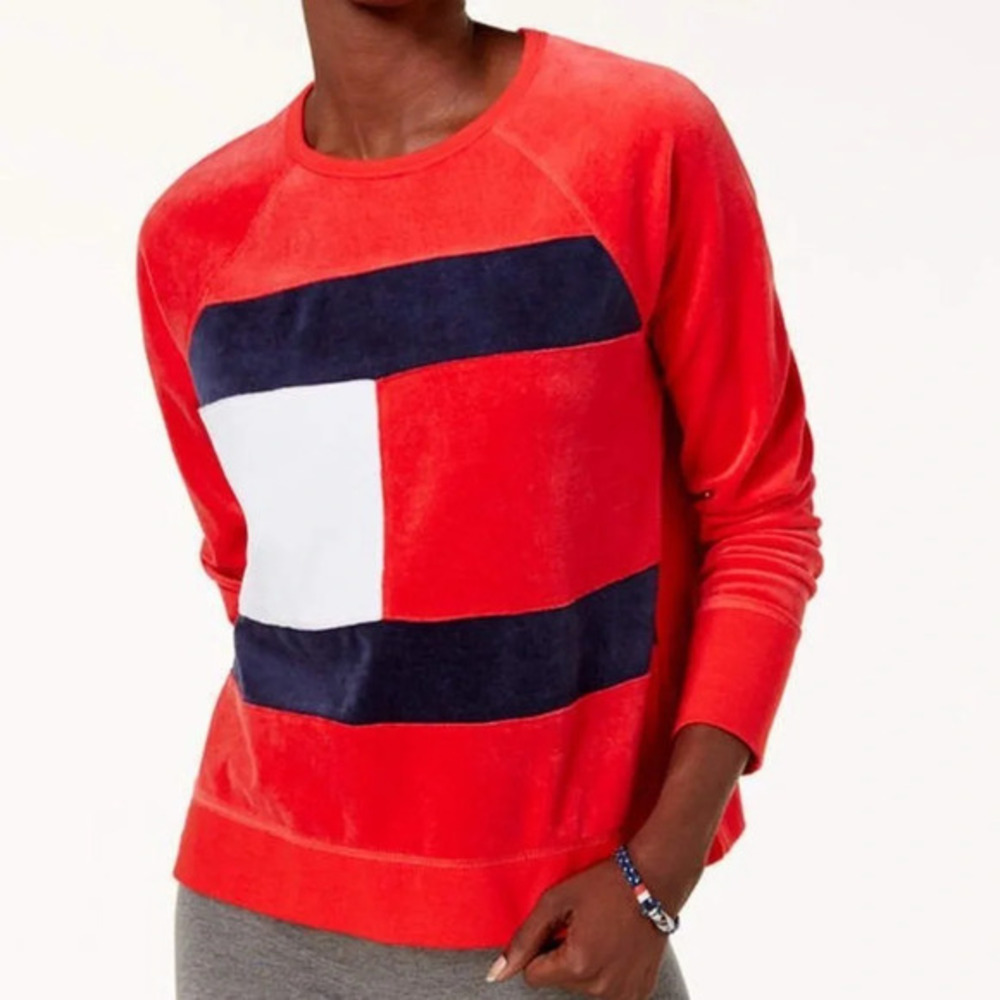 Tommy Hilfiger Velour Sweatshirt Y2k Collegiate Pullover Logo Flag Style Sz S